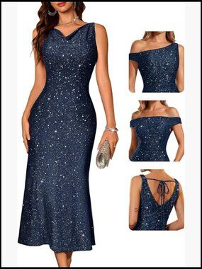 Sequin Formal Bodycon Mermaid Dress with Cowl Neck - Sleeveless Midi